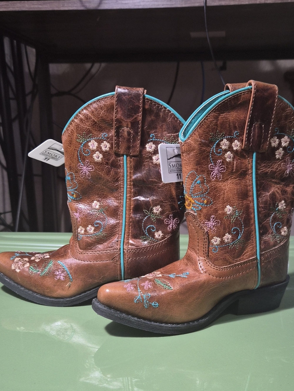 Embroidered Brown Cowboy Boots with Turquoise Trim